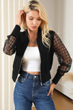 Latticed Mesh Sleeve Zip Up Bomber Jacket