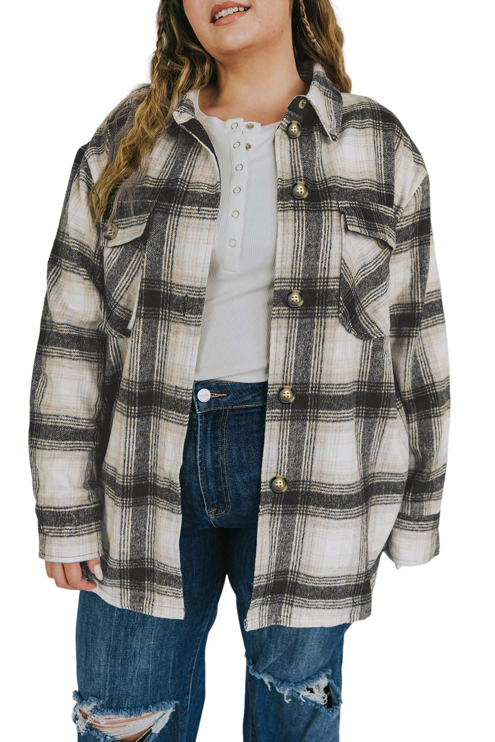 Plus Size Brushed Plaid Flap Pocket Shacket