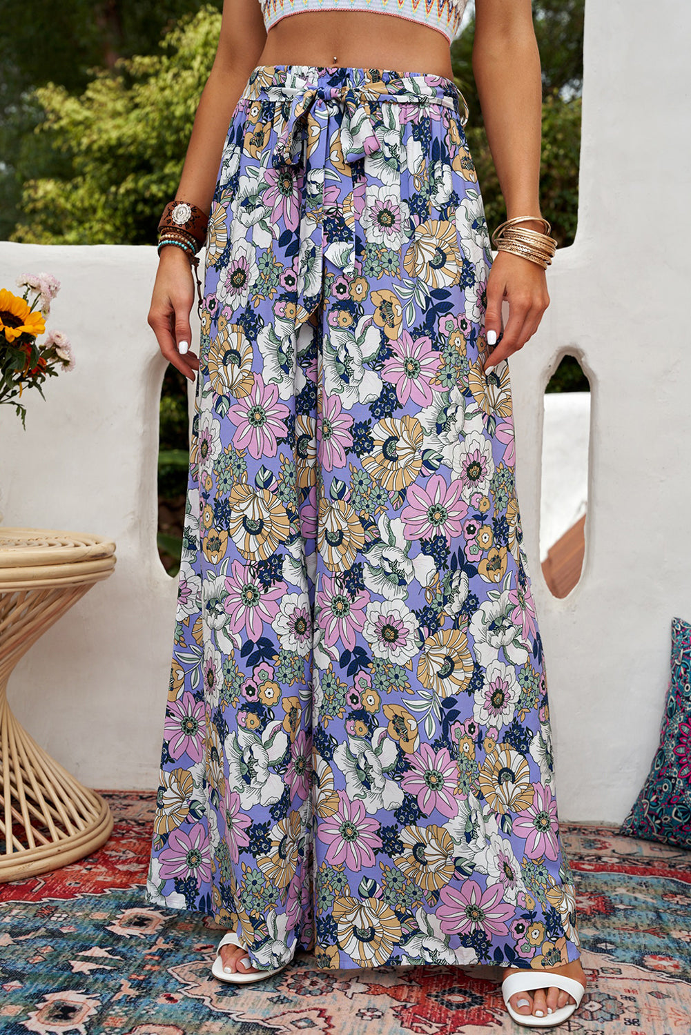 Bohemian Floral Pattern High Waist Flared Pants