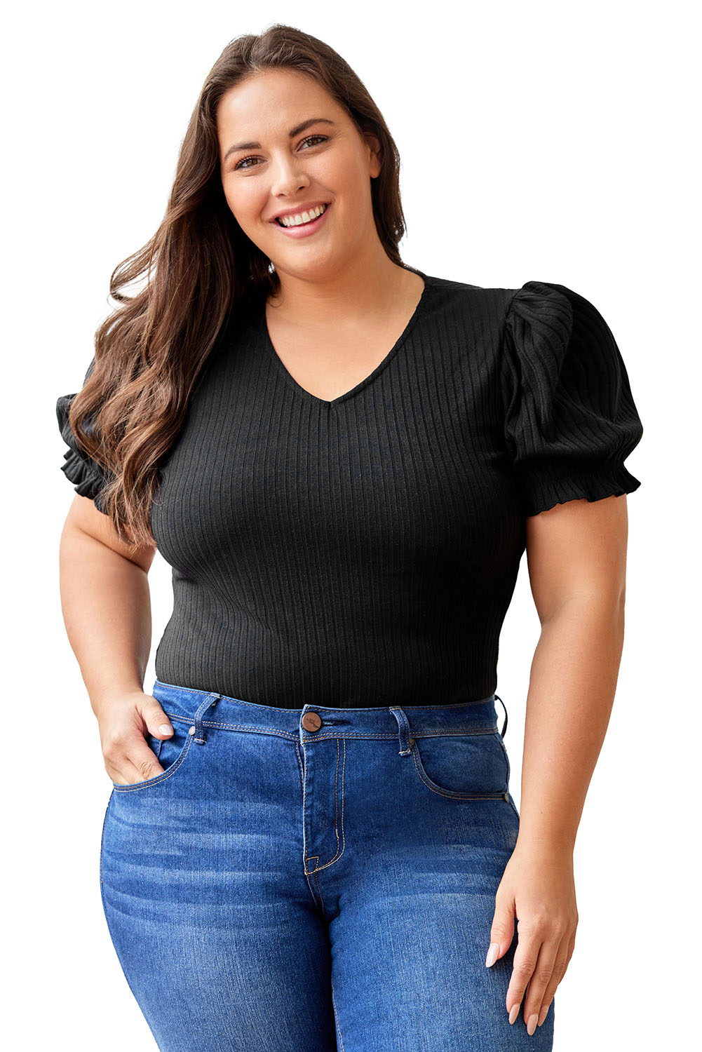 Plus Size Ribbed Knit Puff Sleeve Bodysuit