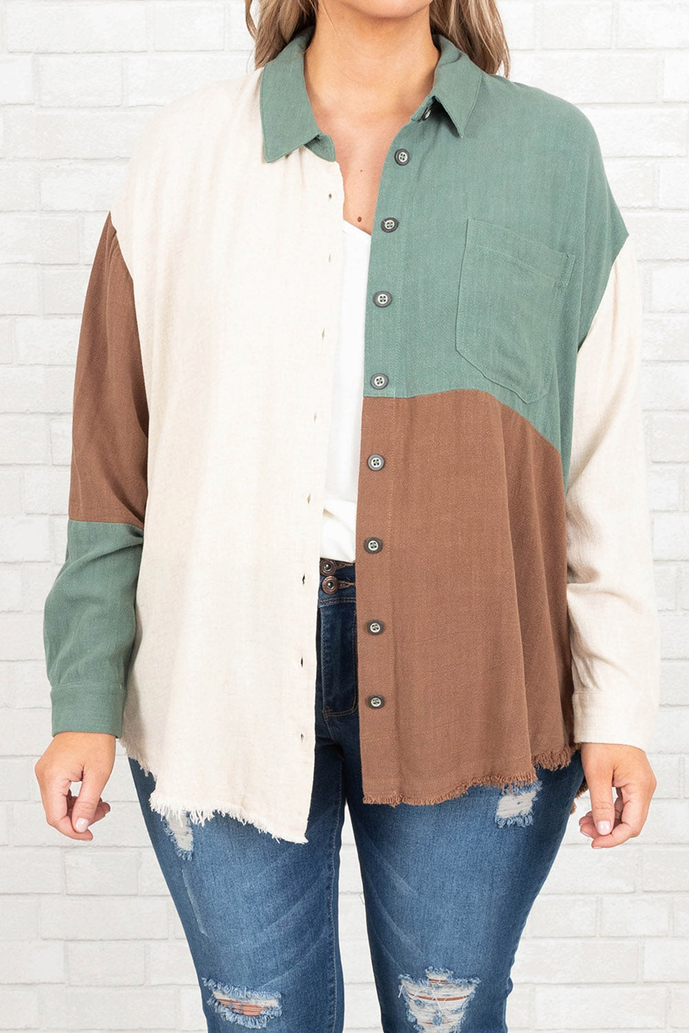 Colorblock Raw Edge Plus Size Shirt