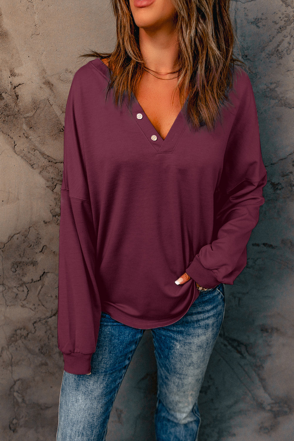 Black Buttoned V Neck Cotton Loose Fit Top