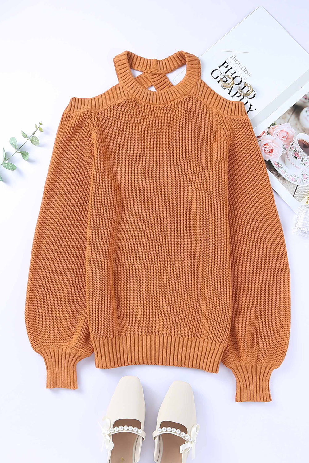 Crew Neck Cold Shoulder Hollow-out Back Sweater