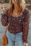 V Neck Bubble Sleeve Floral Blouse