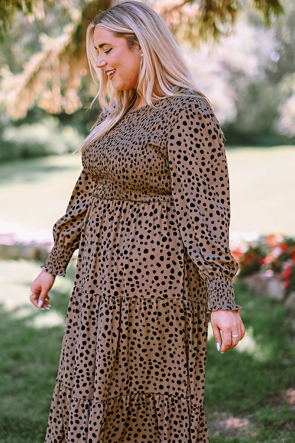 Plus Size Leopard Print Smocked Tiered Dress