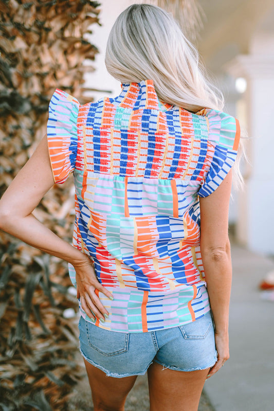 Striped Print High Neck Flutter Top