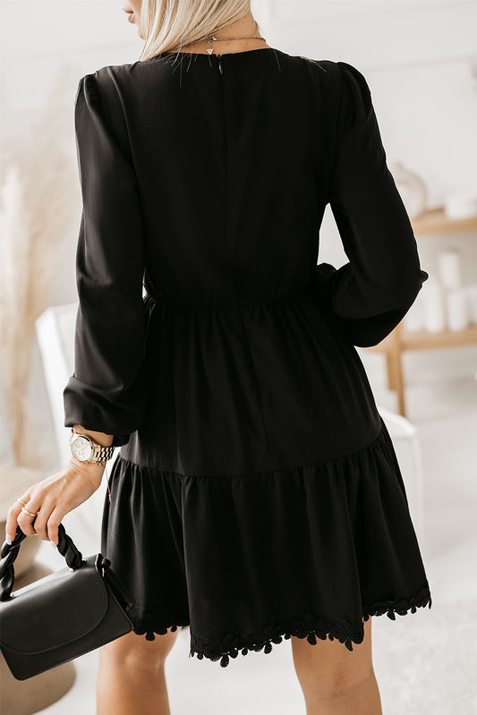 Lace Splicing Long Sleeve Ruched Mini Dress