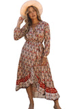 Boho Floral Print Ruffle Trim Wrap Belted Dress