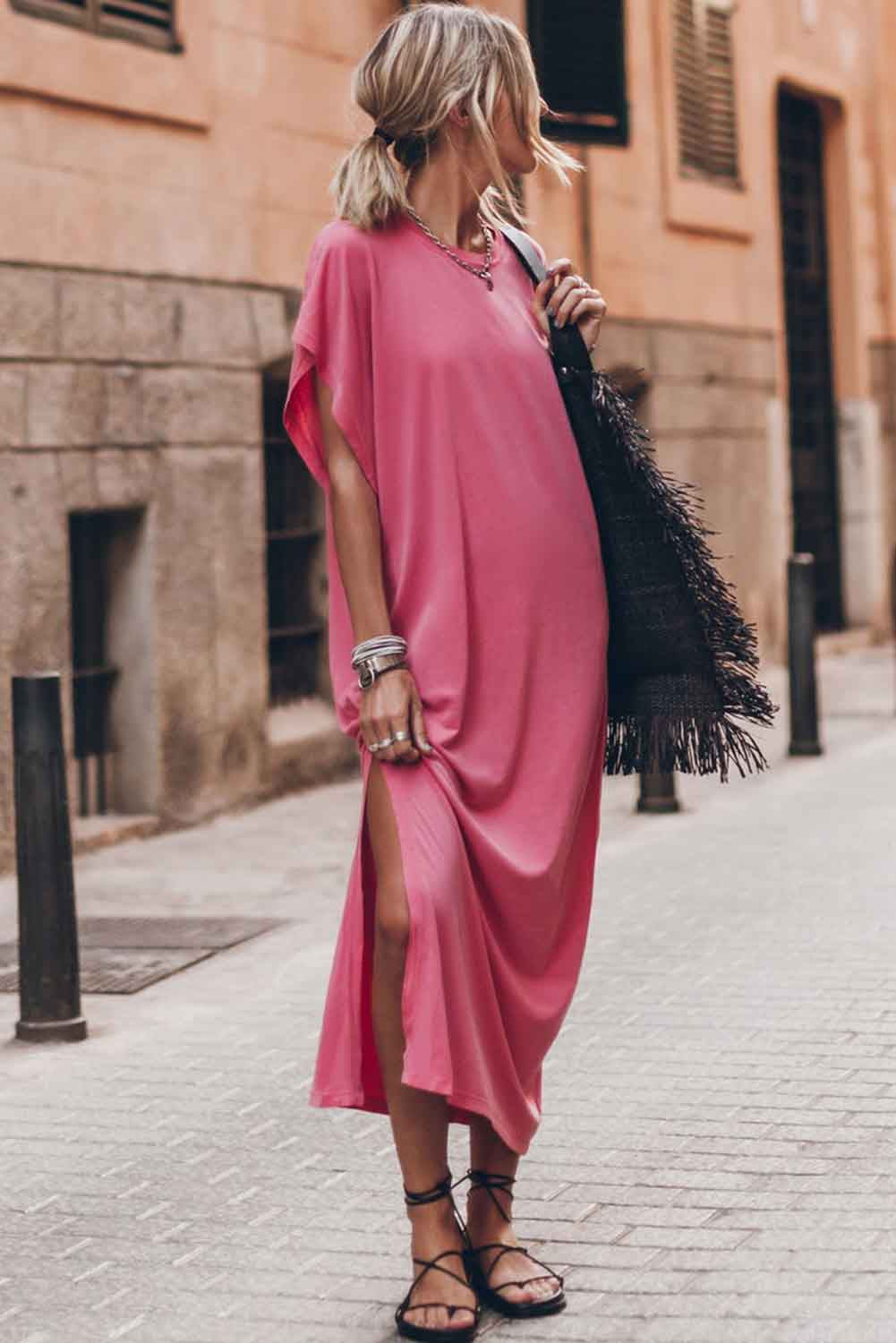 Crew Neck Bat Sleeve Maxi T-shirt Dress