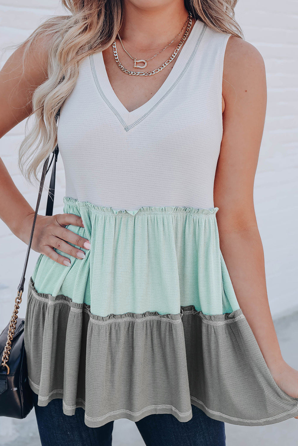 Ruffled V Neck Color Block Tank Top