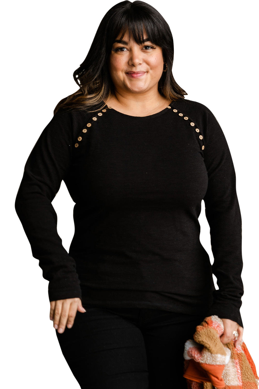 Plus Size Solid Buttons Long Sleeve Top