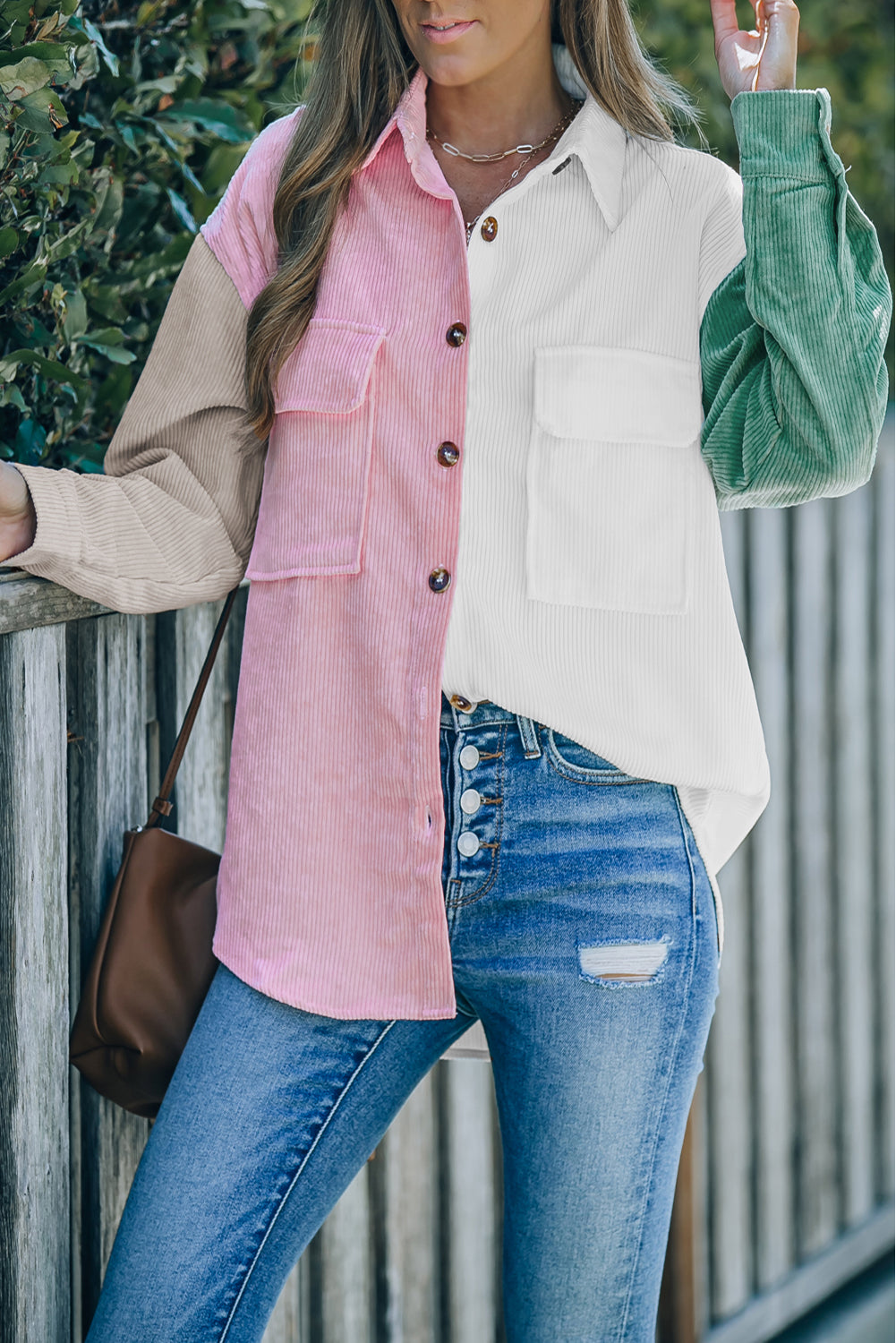 Pink Color Block Button Shirt with Pocket