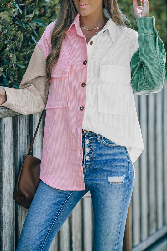 Chemise boutonnée rose à blocs de couleurs avec poche 