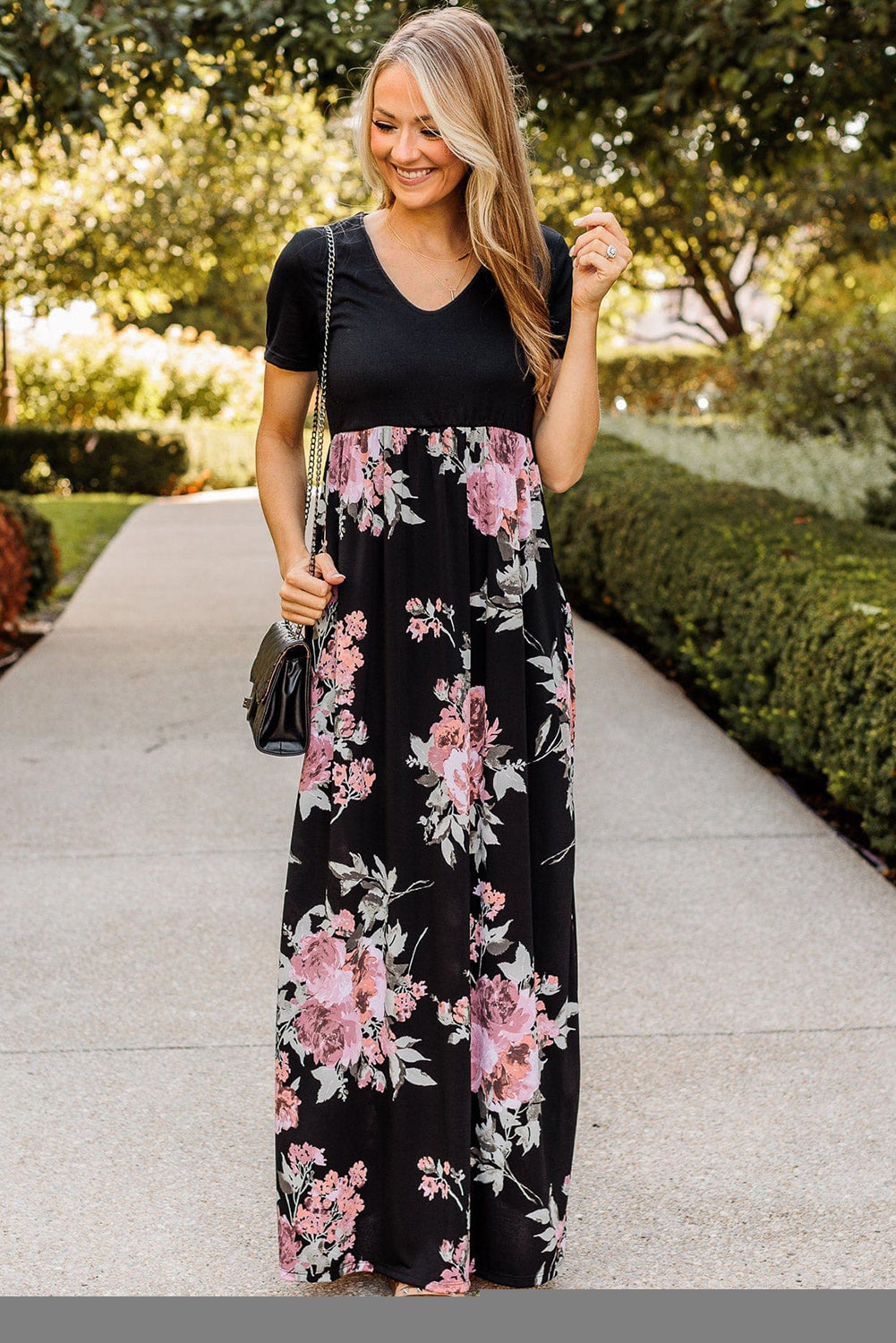 Contrast Floral Empire Waist Maxi Dress