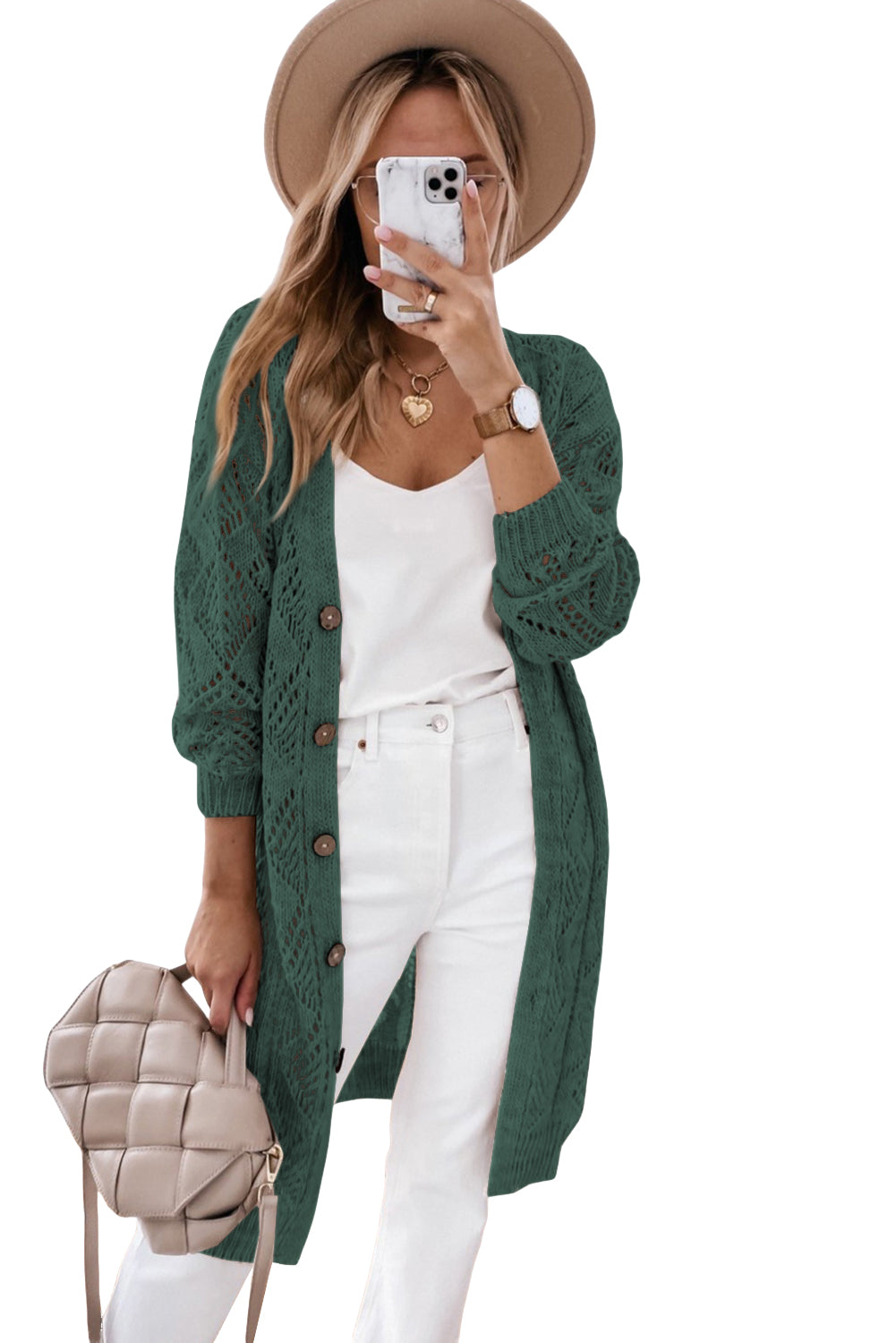 Khaki Hollow-out Openwork Knit Cardigan