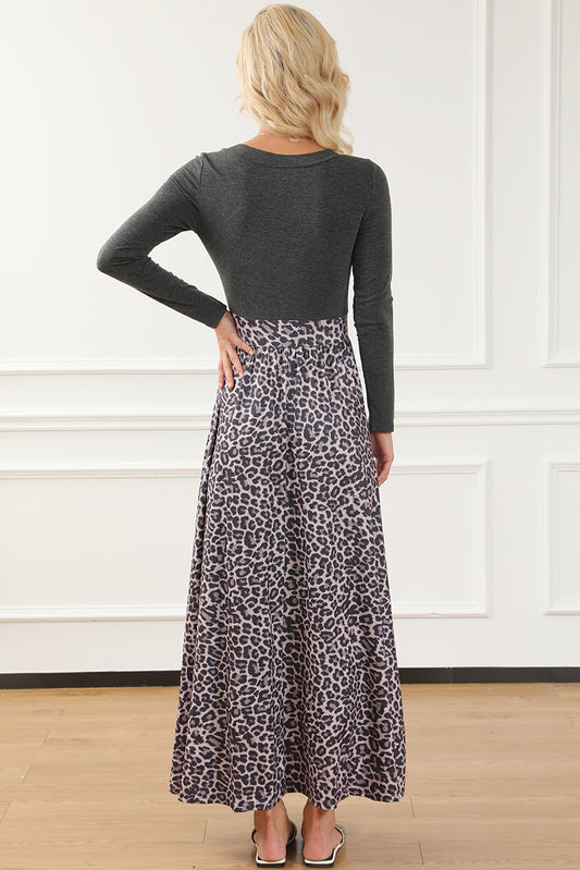 Black Long Sleeve Fitted Bodice Leopard Maxi Dress