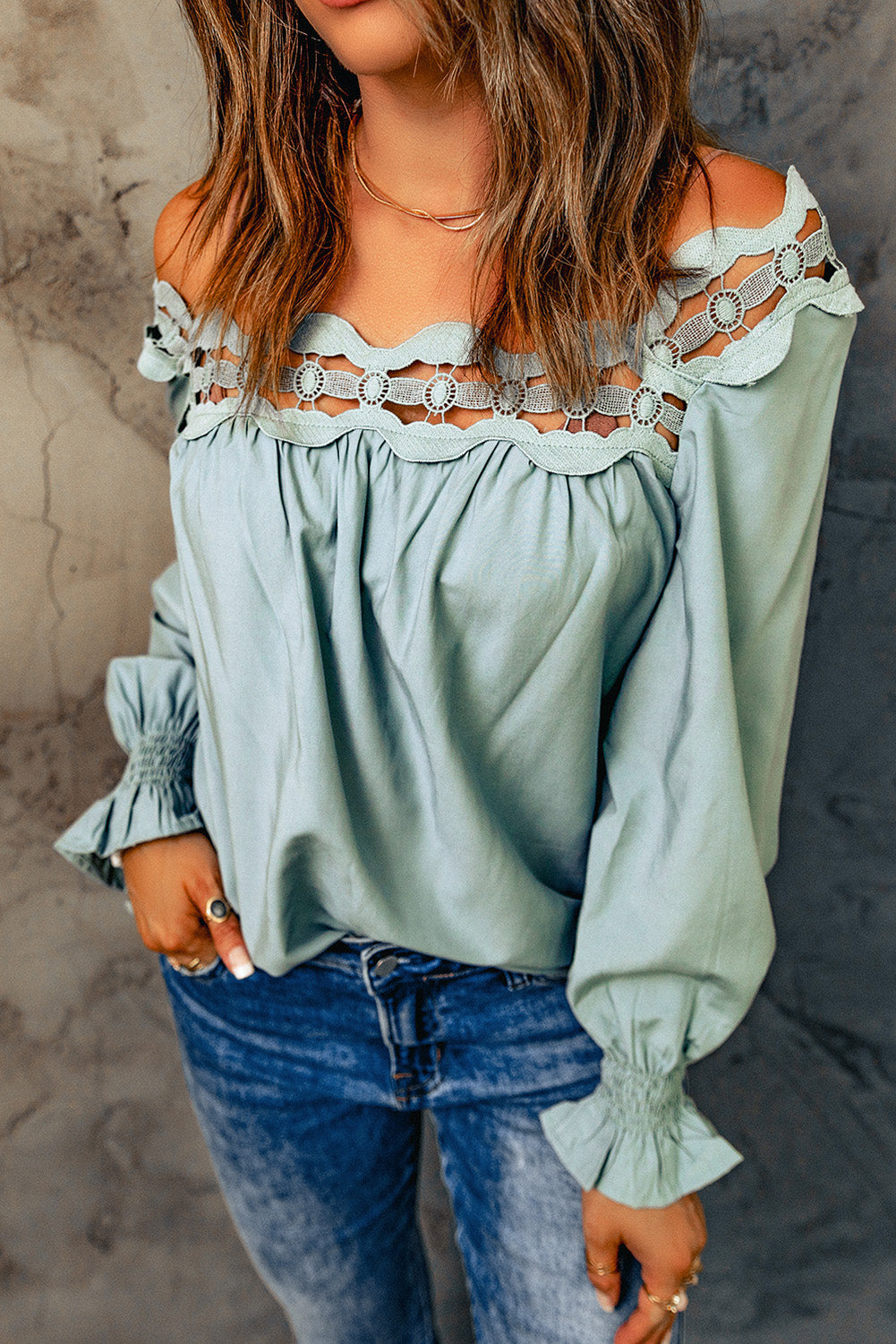 Lace Hollow-out Scalloped Neck Blouse