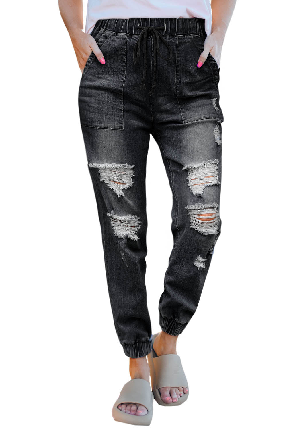 Pantalon de jogging en denim effet vieilli bleu avec poches