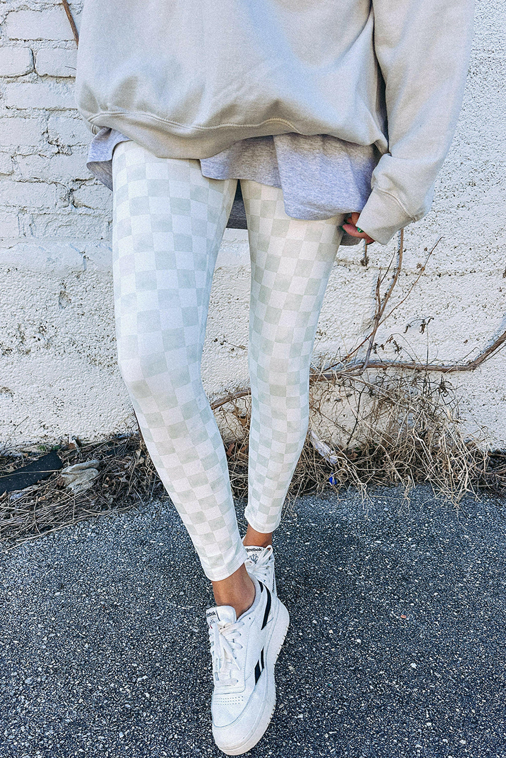 Khaki Checkered Pattern High Waist Skinny Leggings