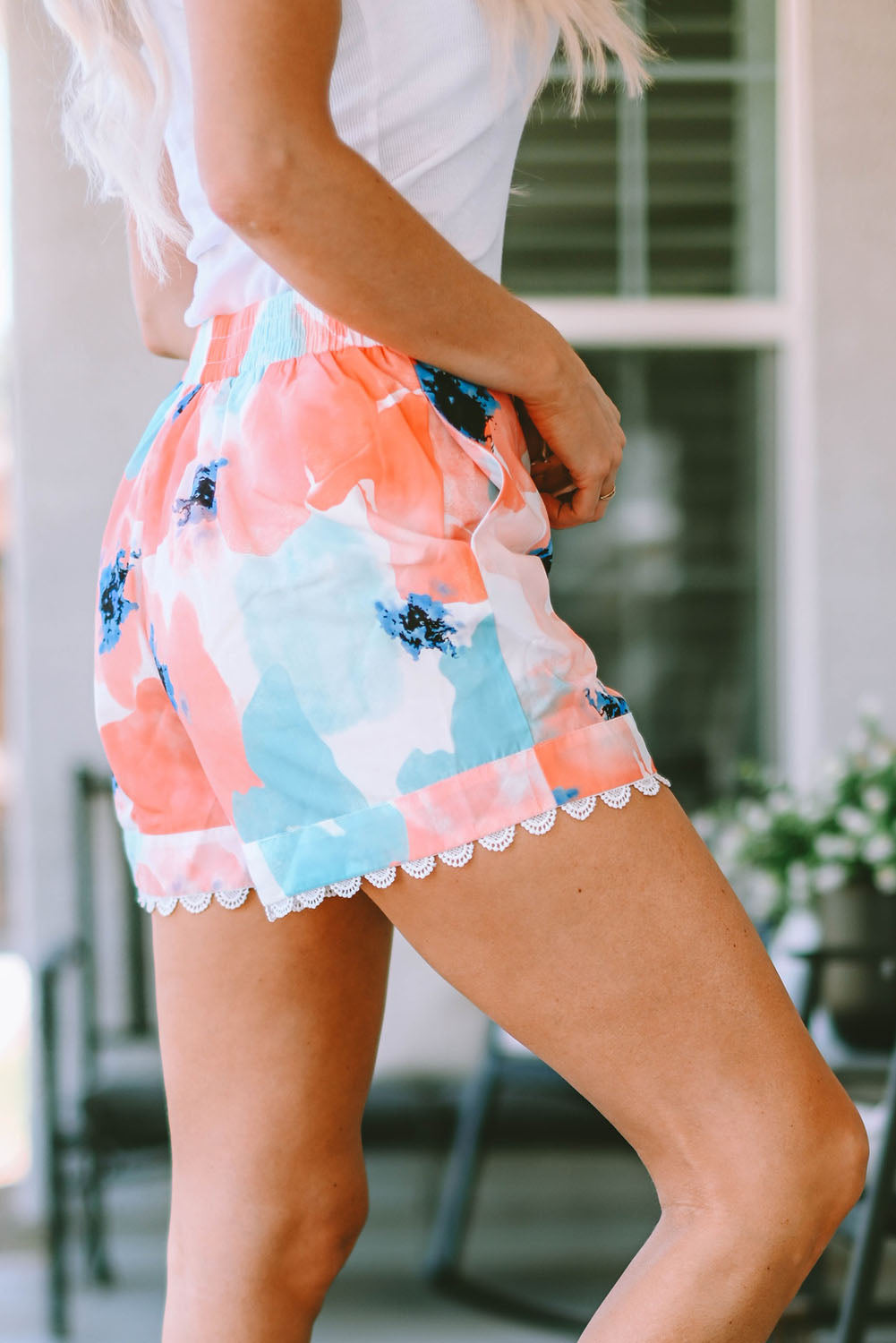 Abstract Water Marbling Print Lace Trim Shorts