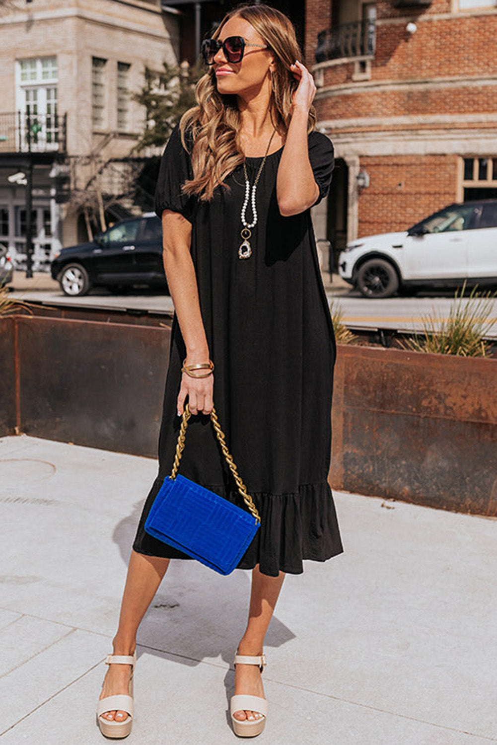 Solid Color Short Sleeve Ruffled T-shirt Dress