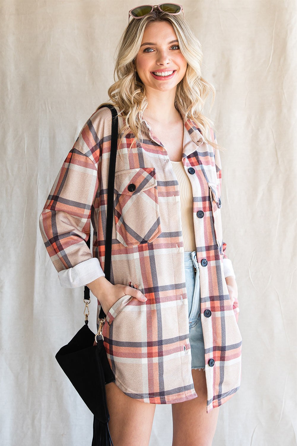 Chest Pockets Buttoned Oversized Plaid Shacket