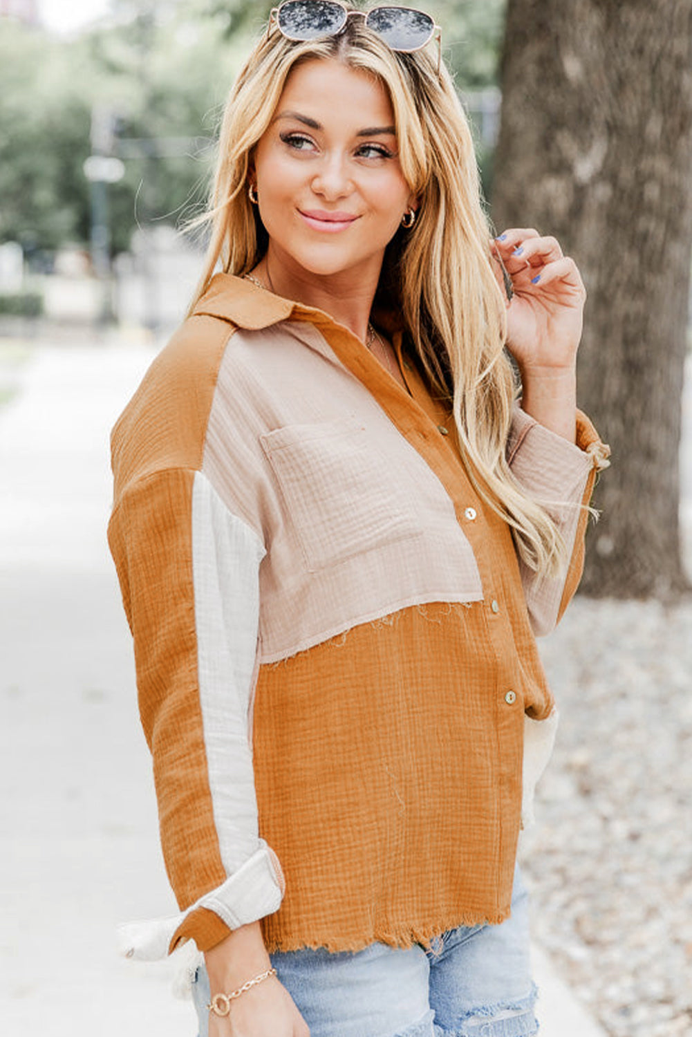 Rose Color Block Buttoned Raw Hem Textured Shirt