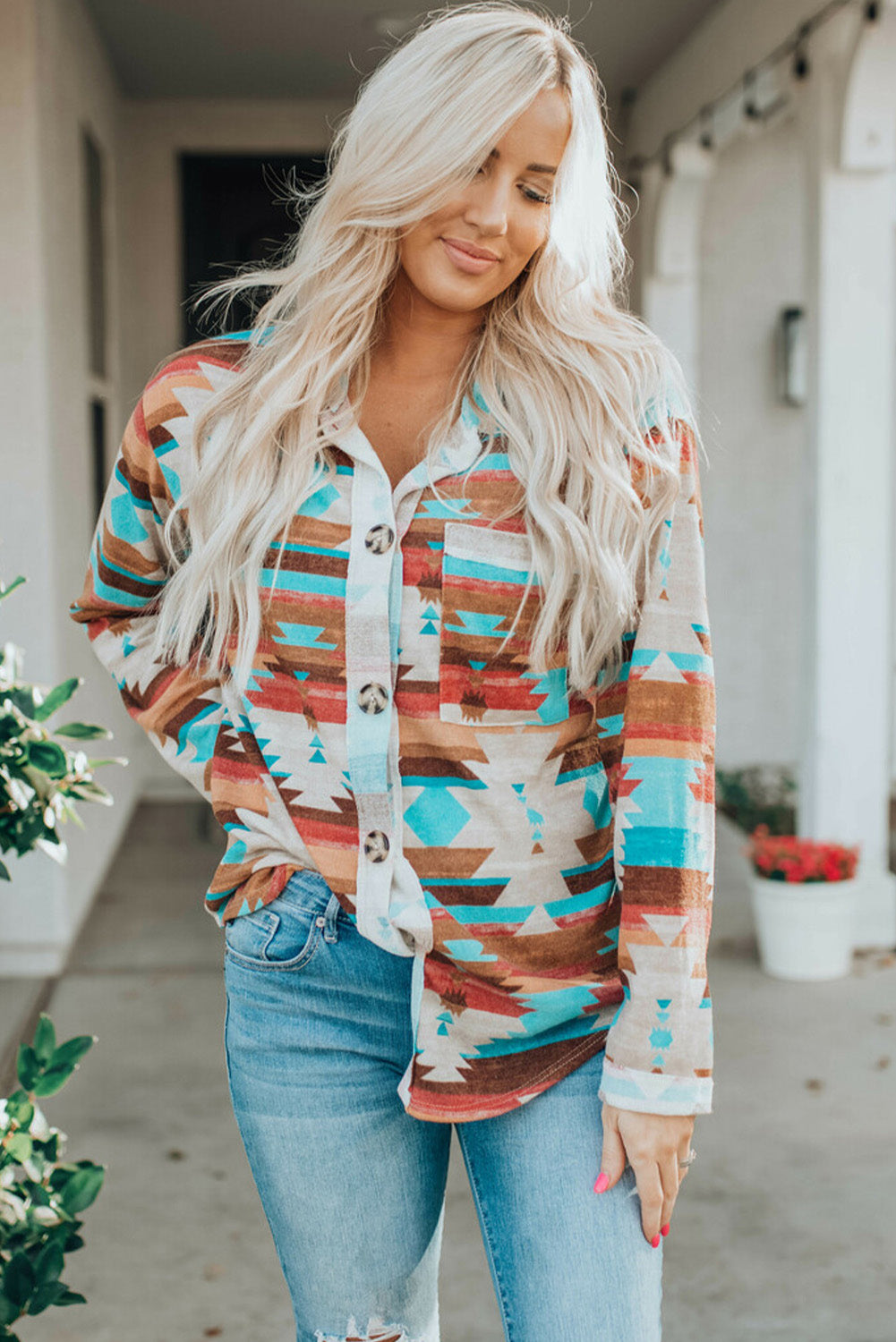 Aztec Print Buttoned Pocket Chest Long Sleeve Shirt