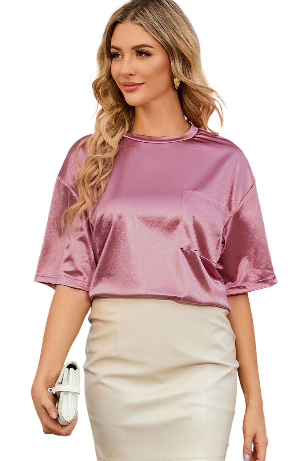 Glitter Chest Pocket Round Neck Long Sleeve Top