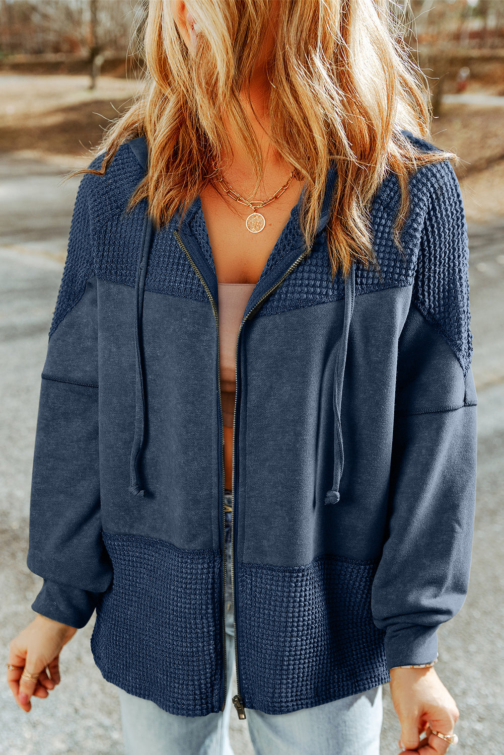 Plus Size Waffle Knit Patchwork Washed Hooded Jacket