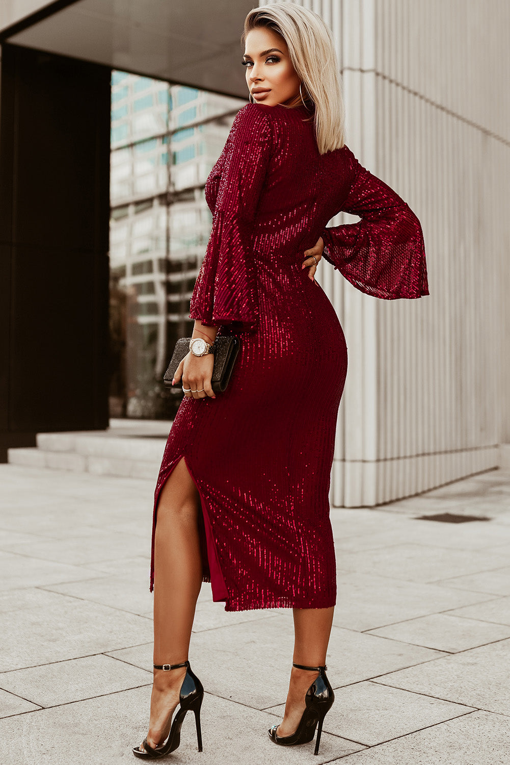 Deep V Neck Bell Sleeve Sequin Dress