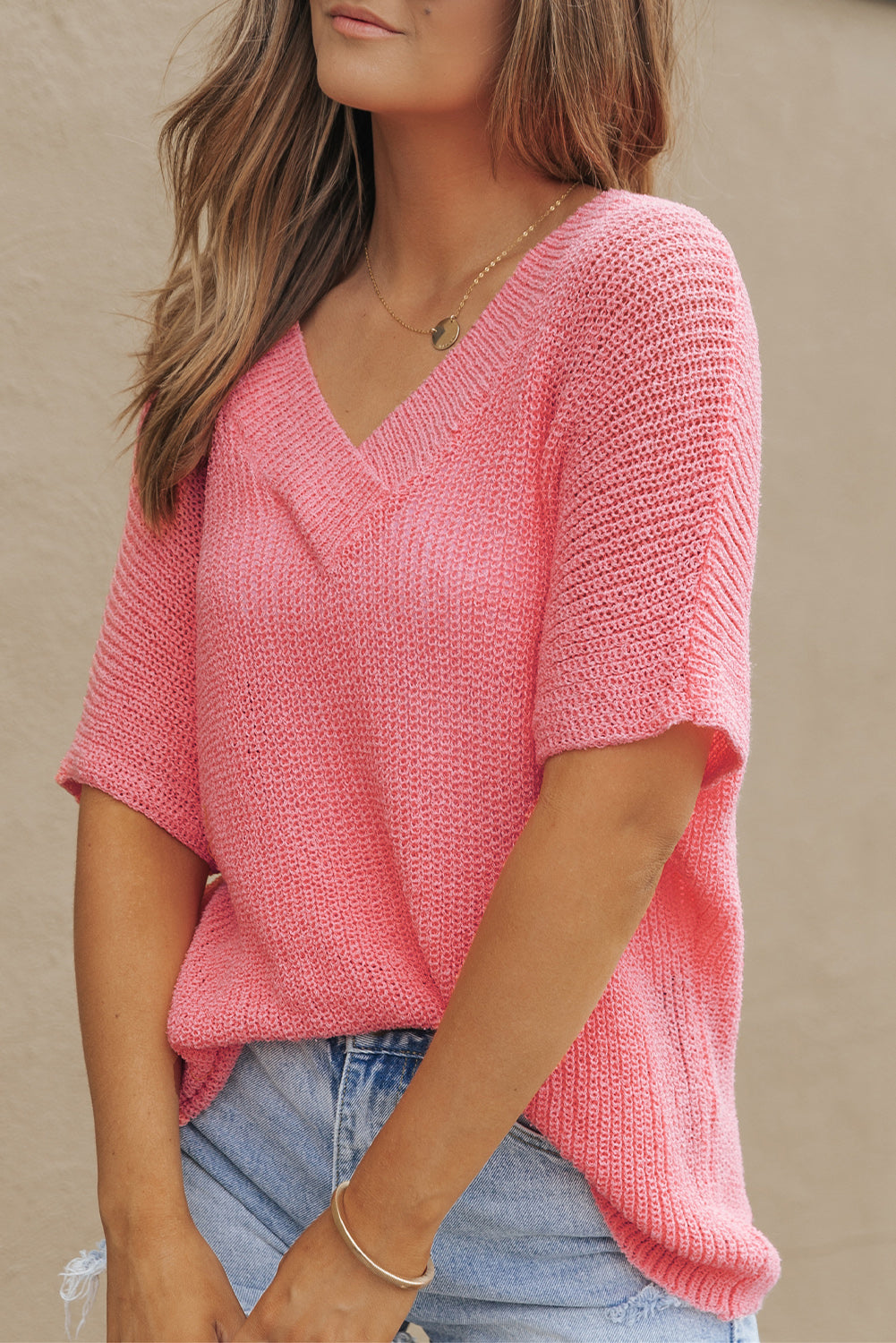 V Neck Half Sleeves Loose Knitted Top