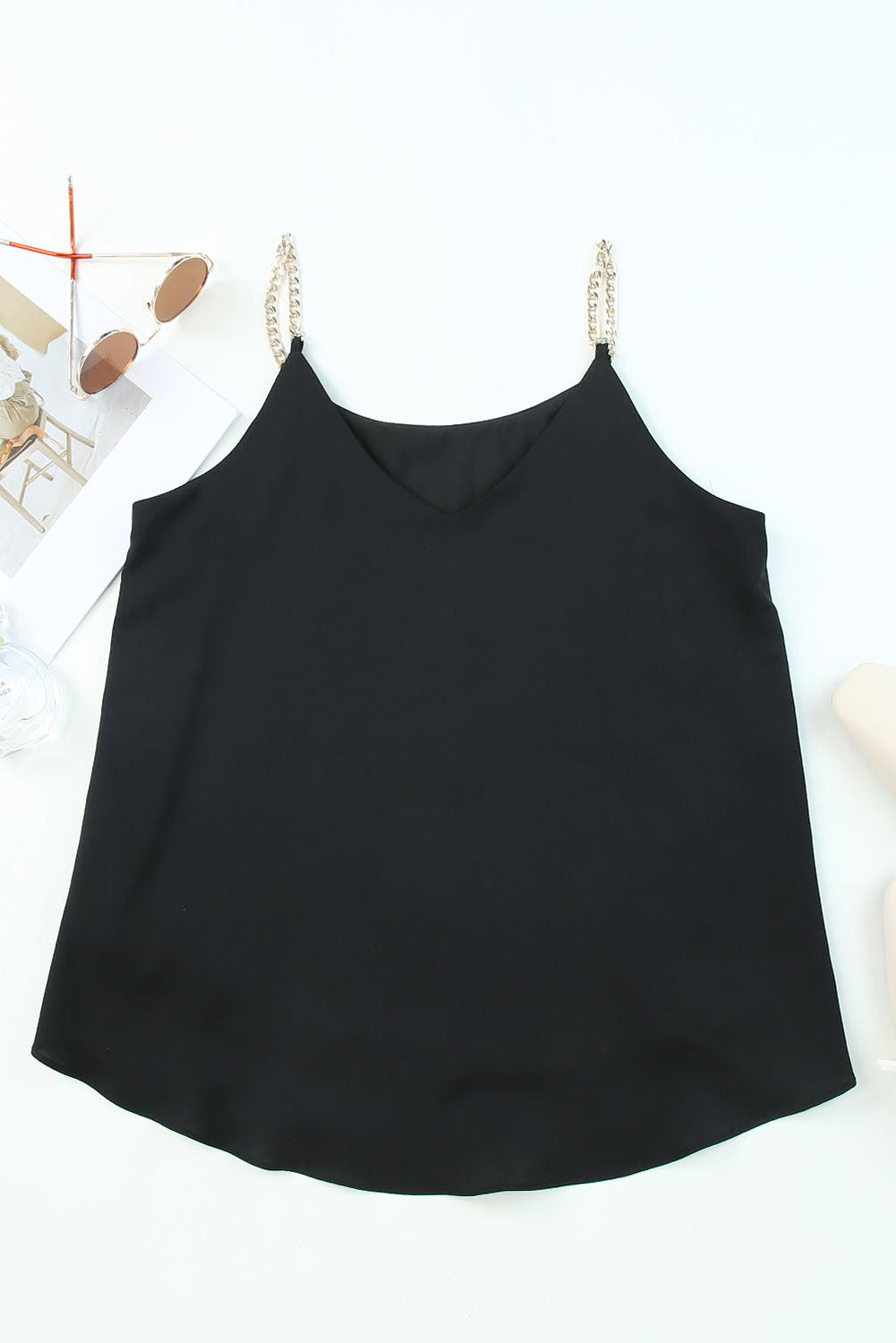 Black Metal Straps V Neck Loose Tank Top