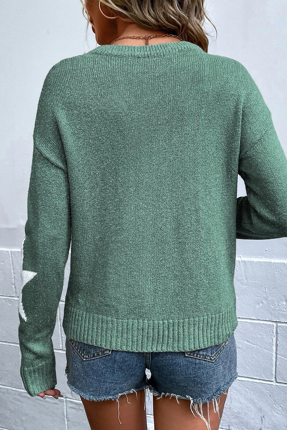 Green Star Pattern Drop Shoulder Sweater