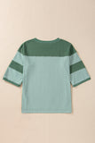 Mist Green Striped Patchwork 3/4 Sleeve Casual Top