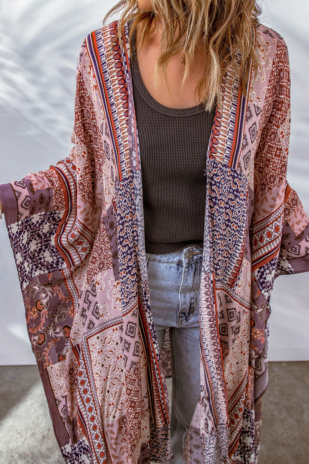 Geometric Print Open Front Kimono