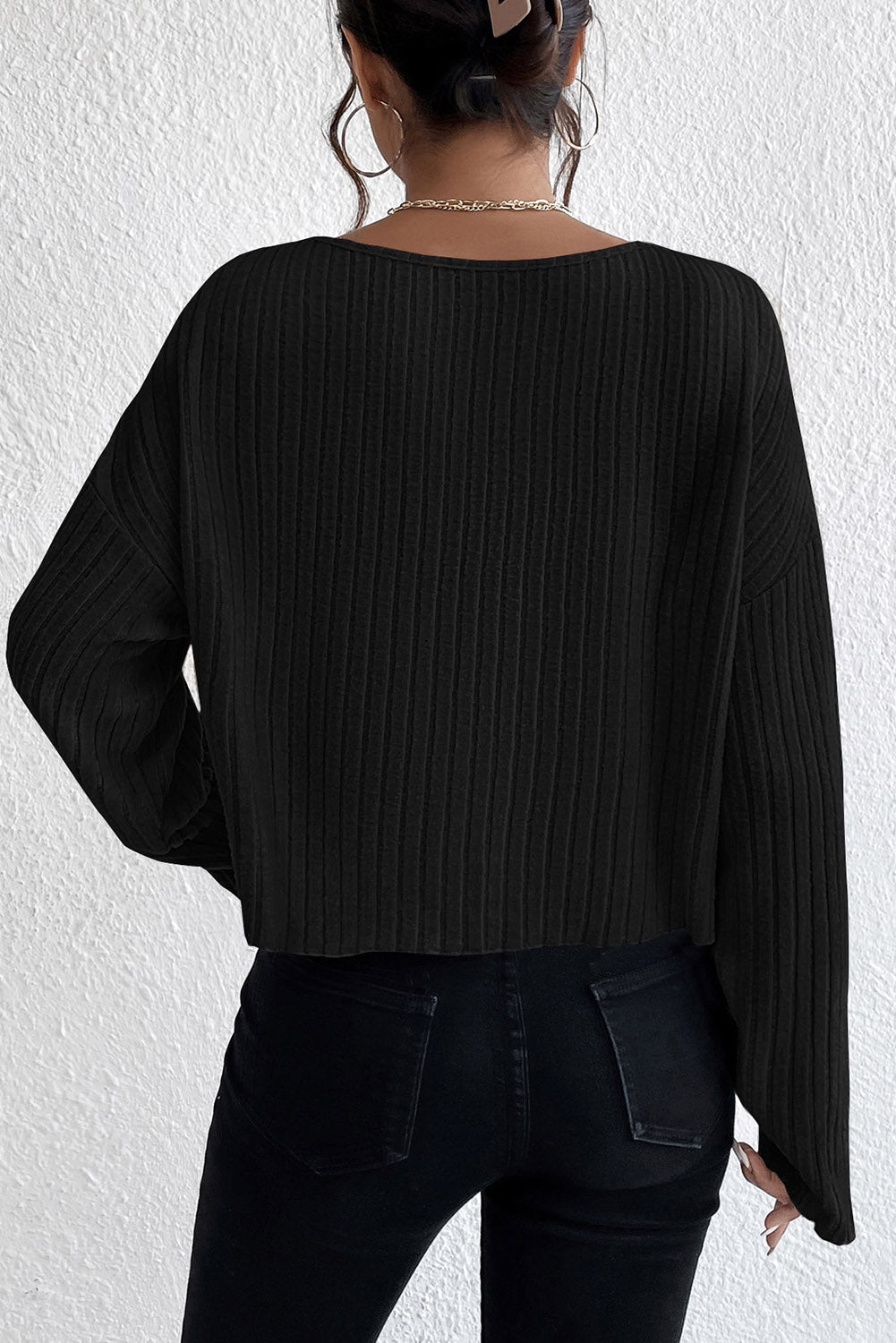 Lettuce Cuffs Drop Shoulder Loose Ribbed Knit Top