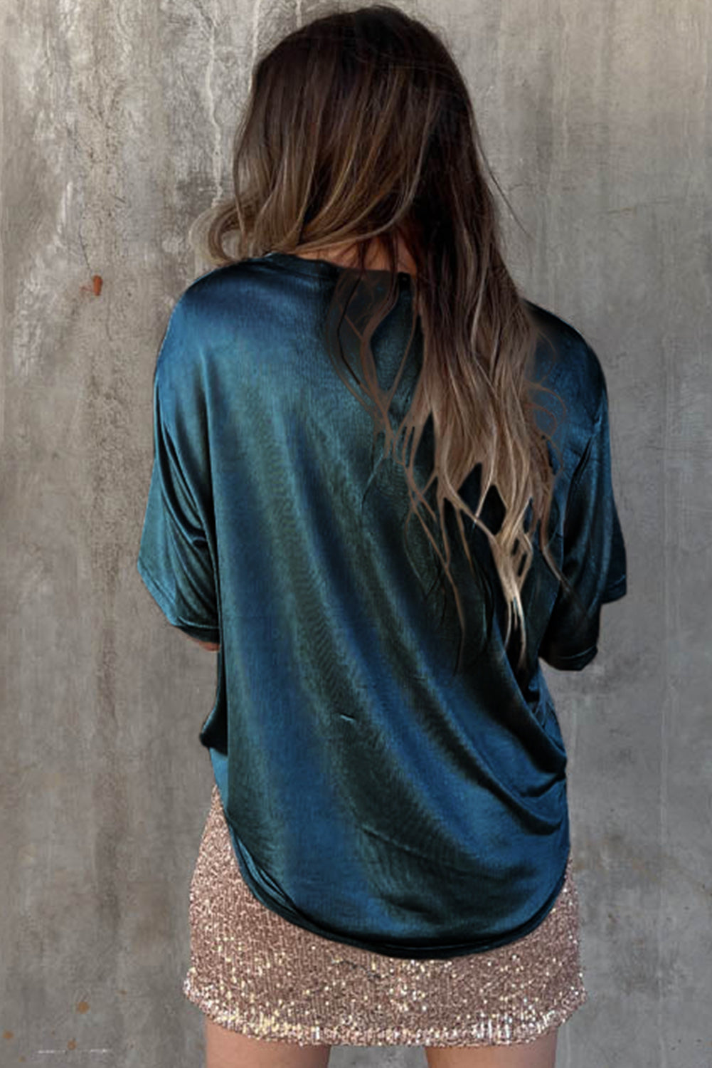 Glitter Chest Pocket Round Neck Long Sleeve Top