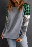 Green Buffalo Plaid & Stripe Splicing Long Sleeve Top