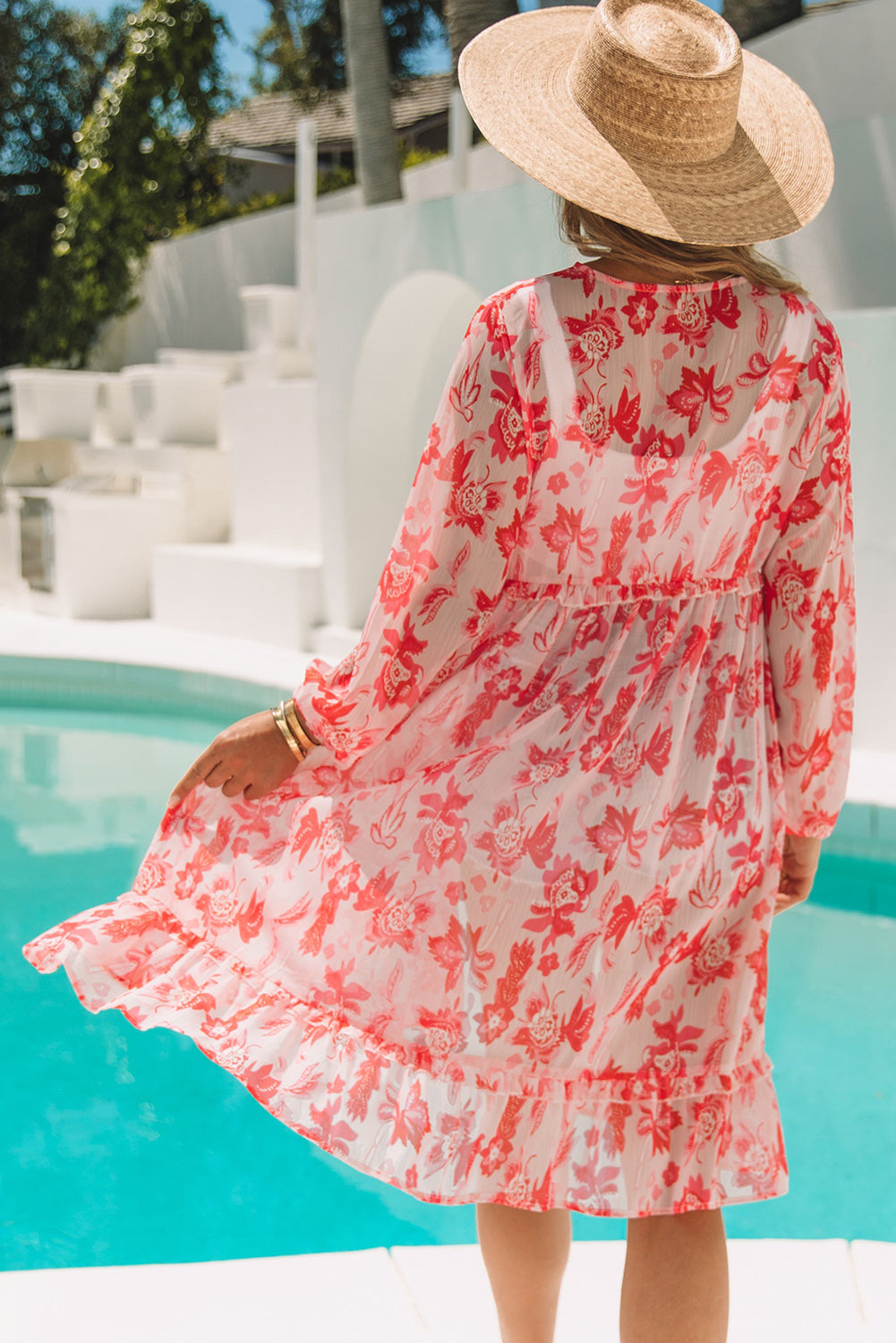 Sweet Floral Print Frill Hem Puff Sleeve Cover Up