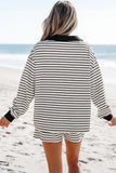 Black Stripe Collared Long Sleeve Top and Drawstring Shorts Set