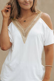 White Contrast Guipure Lace Cold Shoulder Tee