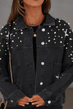 Black Distressed Pearls Star Cropped Denim Jacket