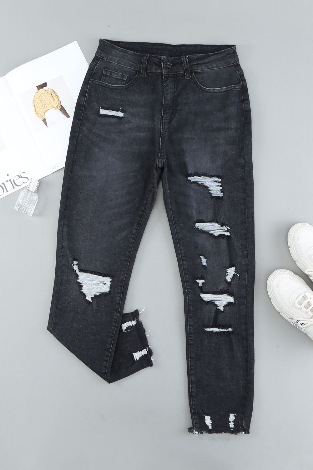 Pantalon en jean boyfriend bleu clair effet vieilli