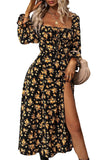 Floral Tie Square Neck Puff Sleeve Slit Dress