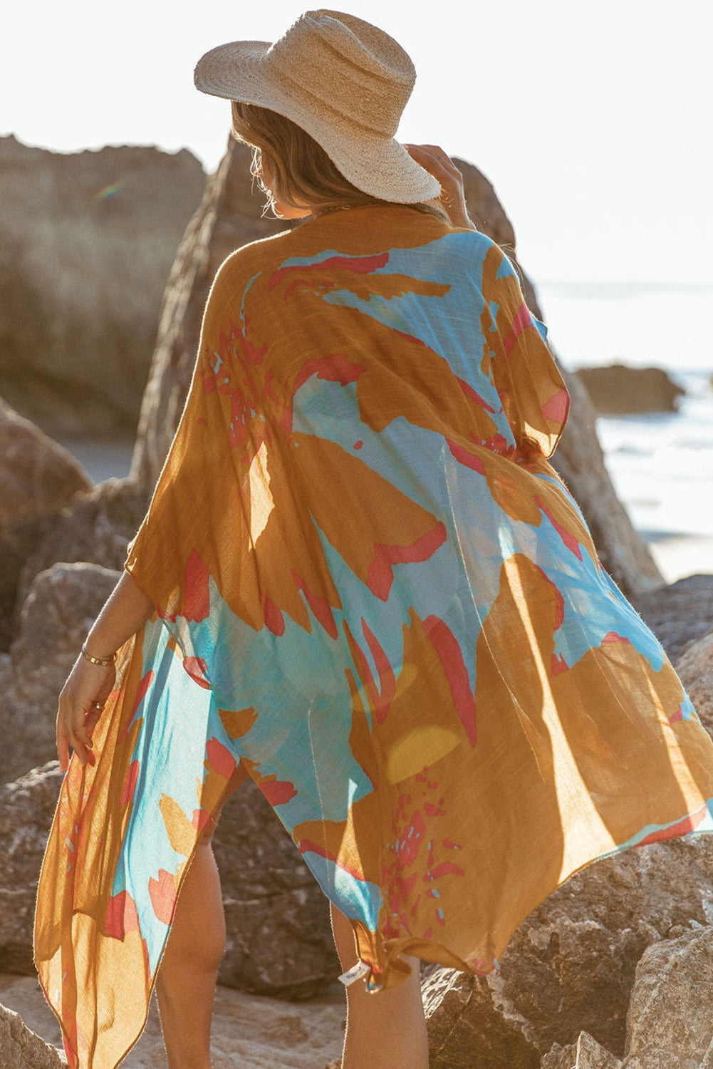 Abstract Print Open Front Kimono with Slits