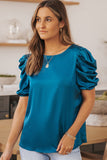 Dark Blue Ruched Puff Short Sleeve Satin Blouse