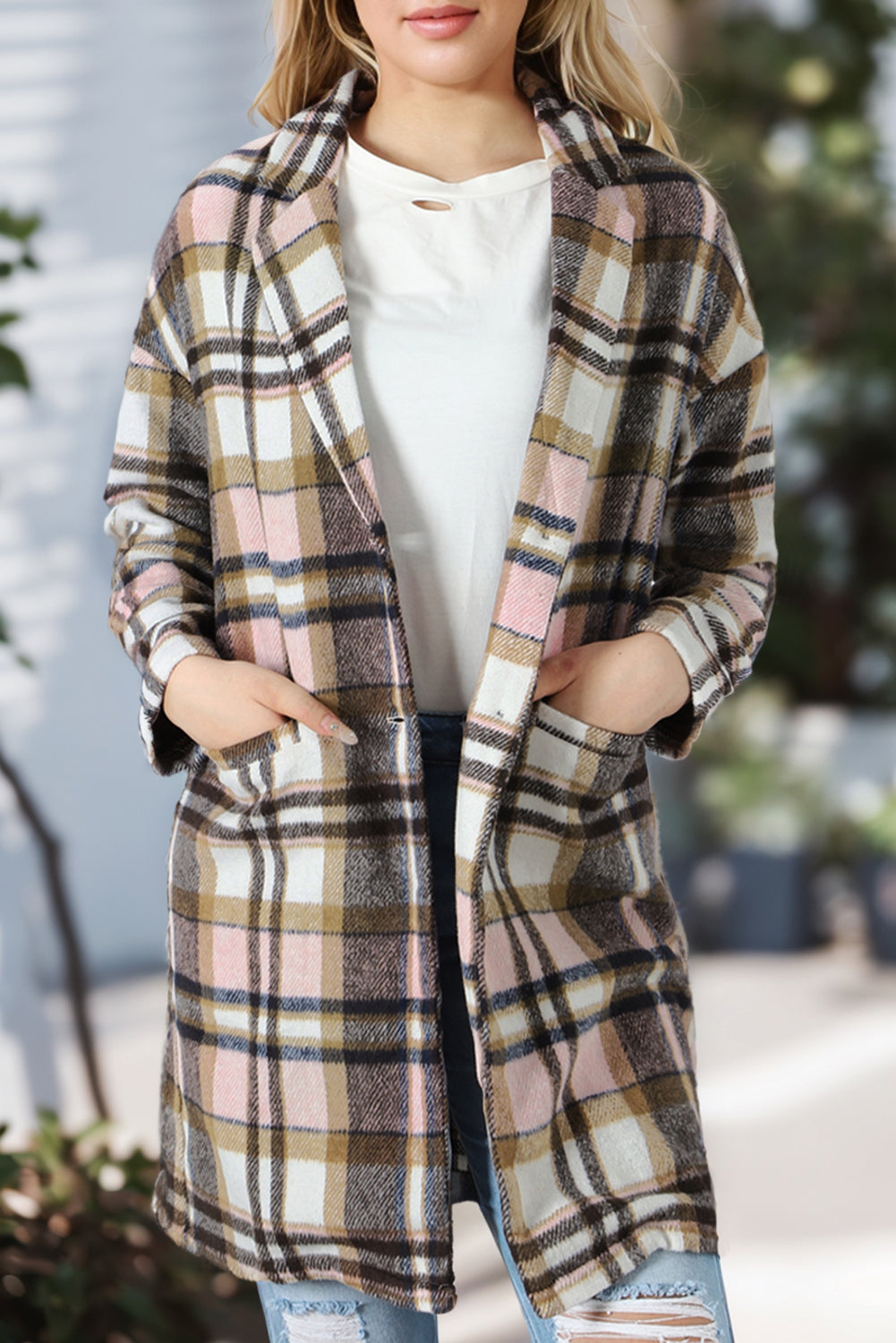 Pink Plaid Button Up Lapel Jacket