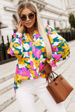 Magenta Gold Floral V Neck Lantern Sleeve Blouse