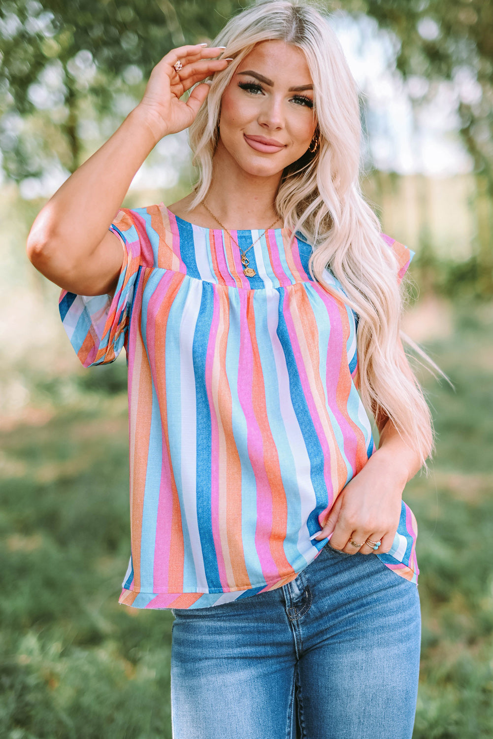 Striped Tiered Ruffle Cap Sleeve Top